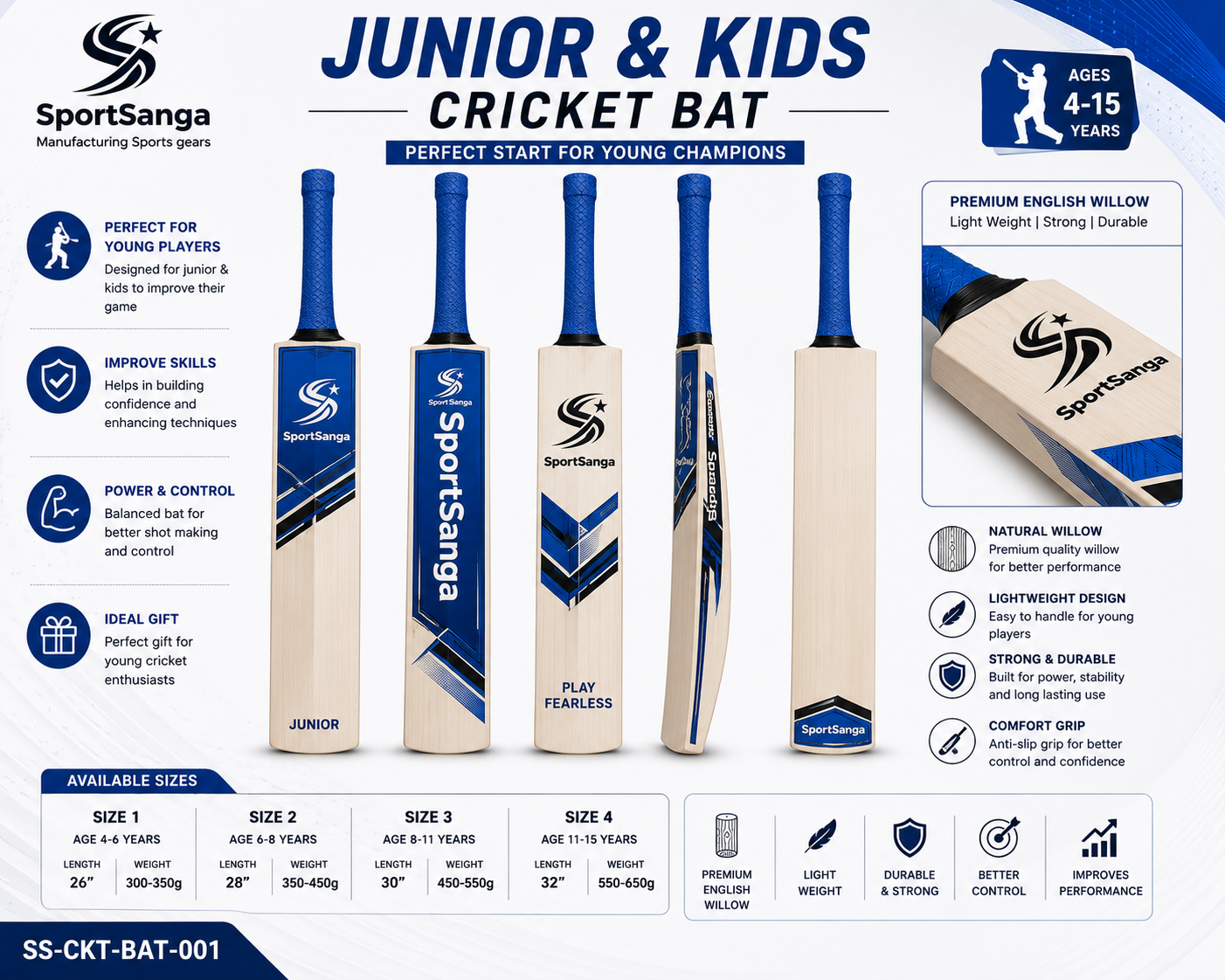 SportSanga junior and kids cricket bats in sizes 1 to 6 with lightweight blades for young players.