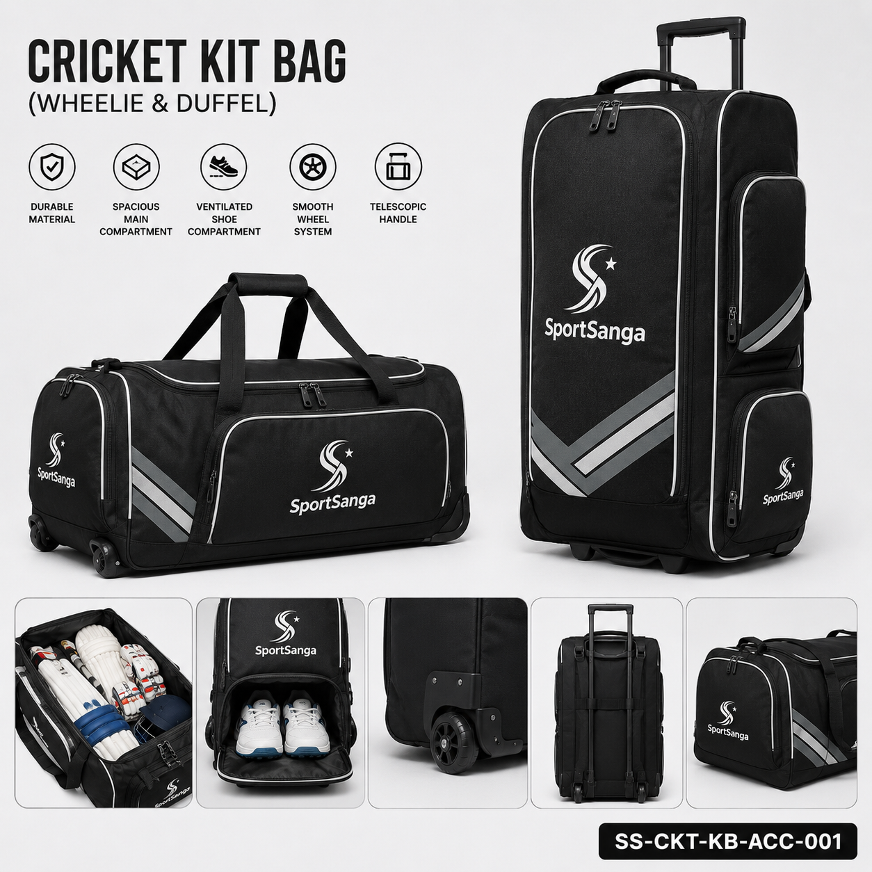 SportSanga wheelie cricket kit bag with bat sleeves, vented compartments and heavy-duty wheels.