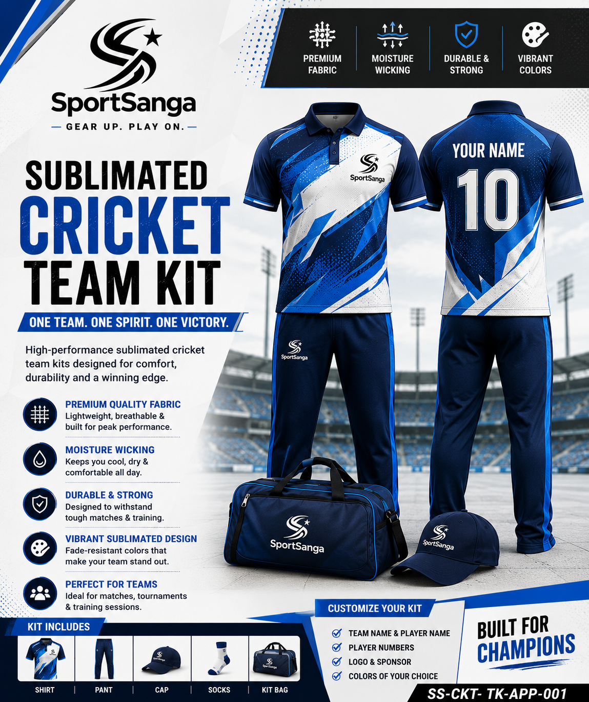 SportSanga sublimated colored cricket team kit with custom design, names and sponsor logos.
