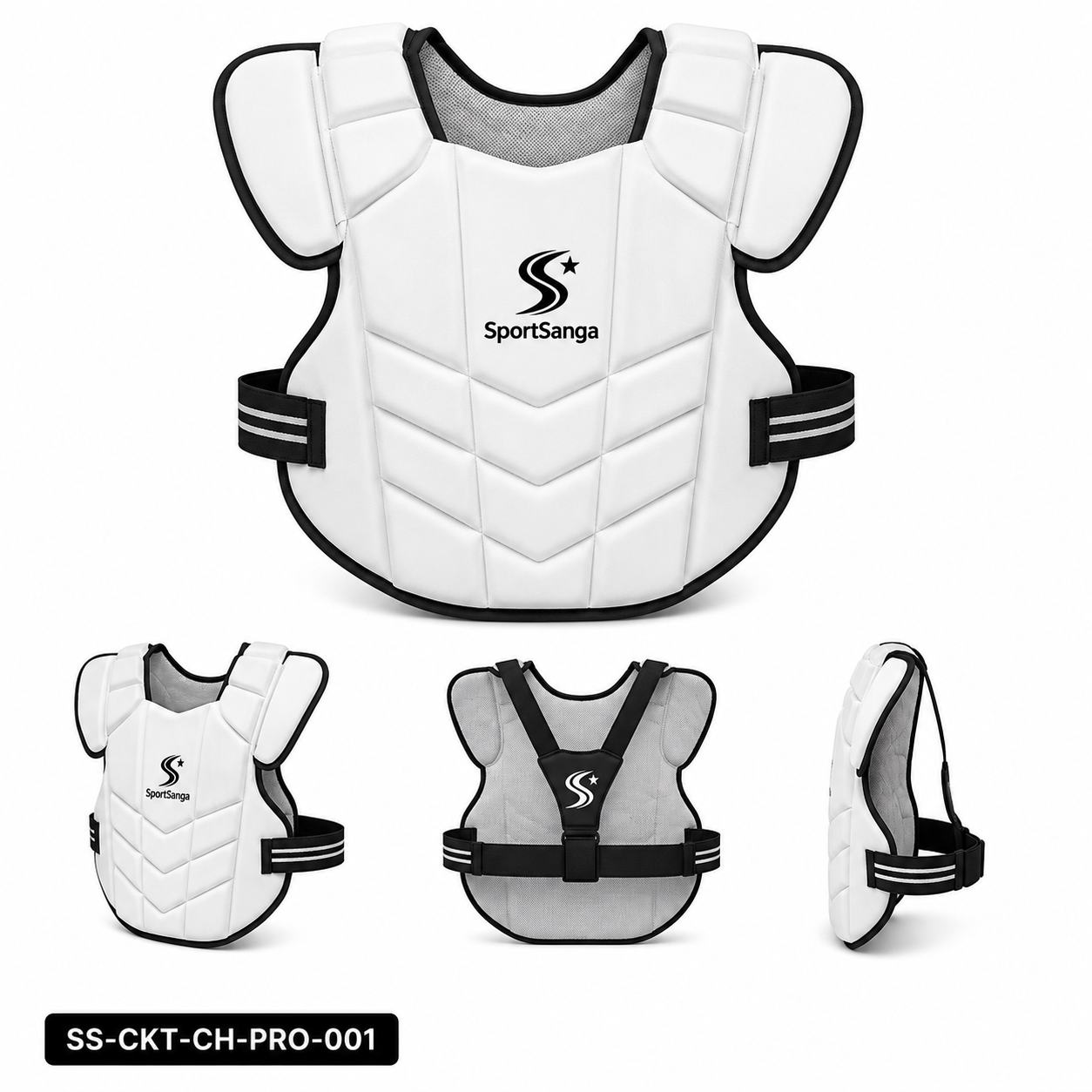 SportSanga cricket chest guard with contoured foam shield and adjustable harness.