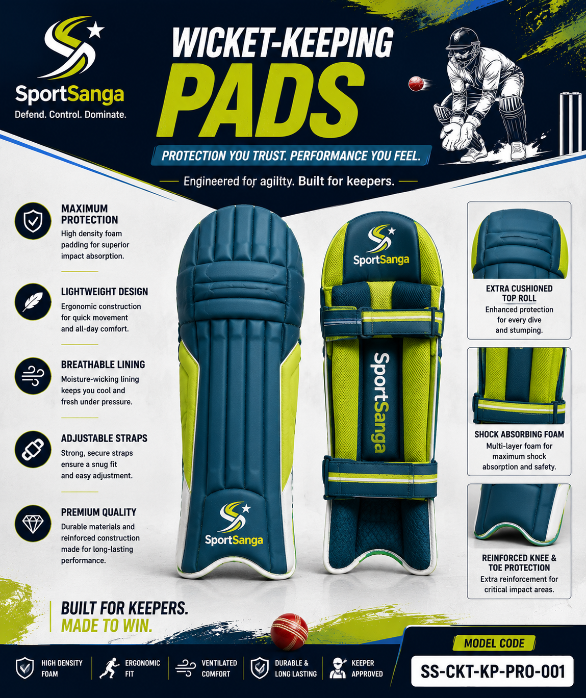 SportSanga lightweight wicket-keeping pads with flexible design for crouching and diving.