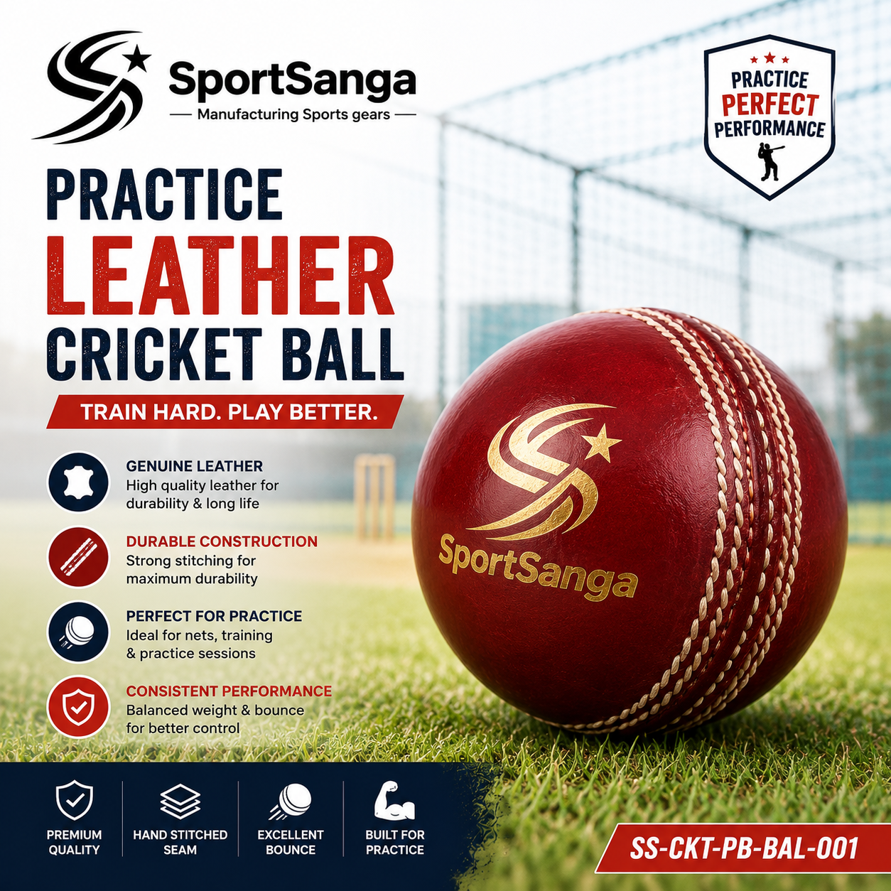 SportSanga 2-piece practice leather cricket ball for nets and club training.
