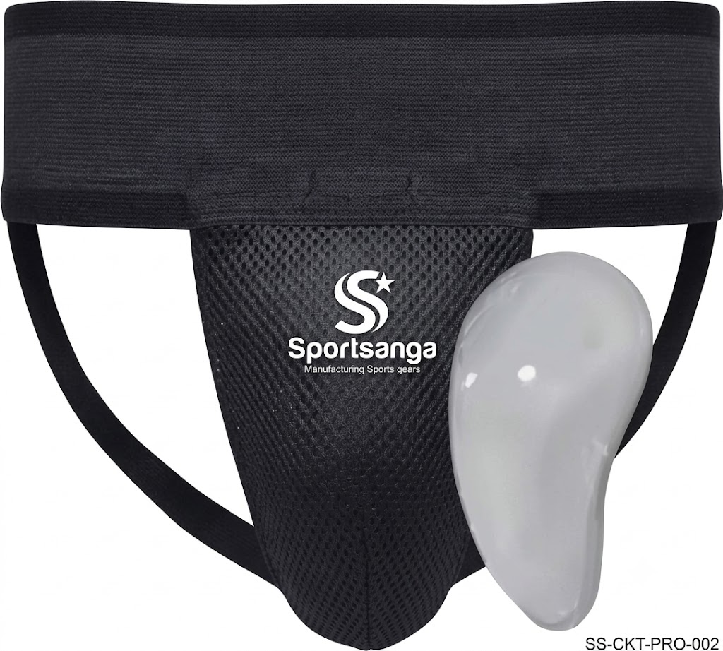 SportSanga cricket abdominal guard box with impact-resistant moulded shell.