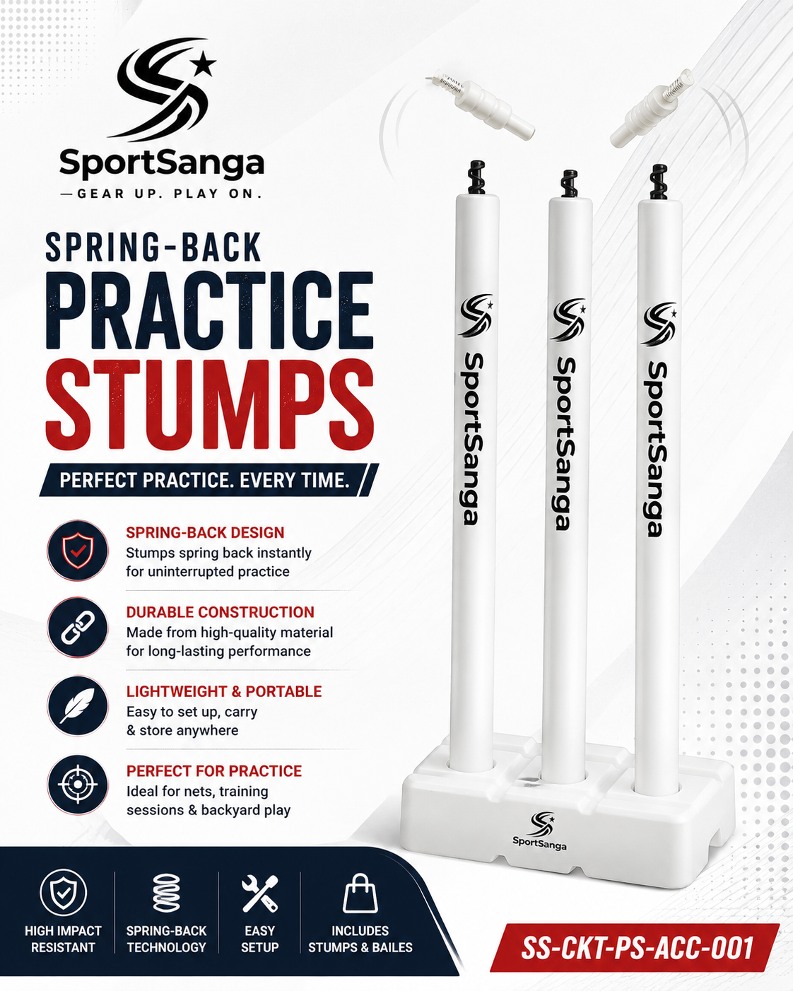 SportSanga spring-back steel practice cricket stumps with rubber base for nets and coaching.
