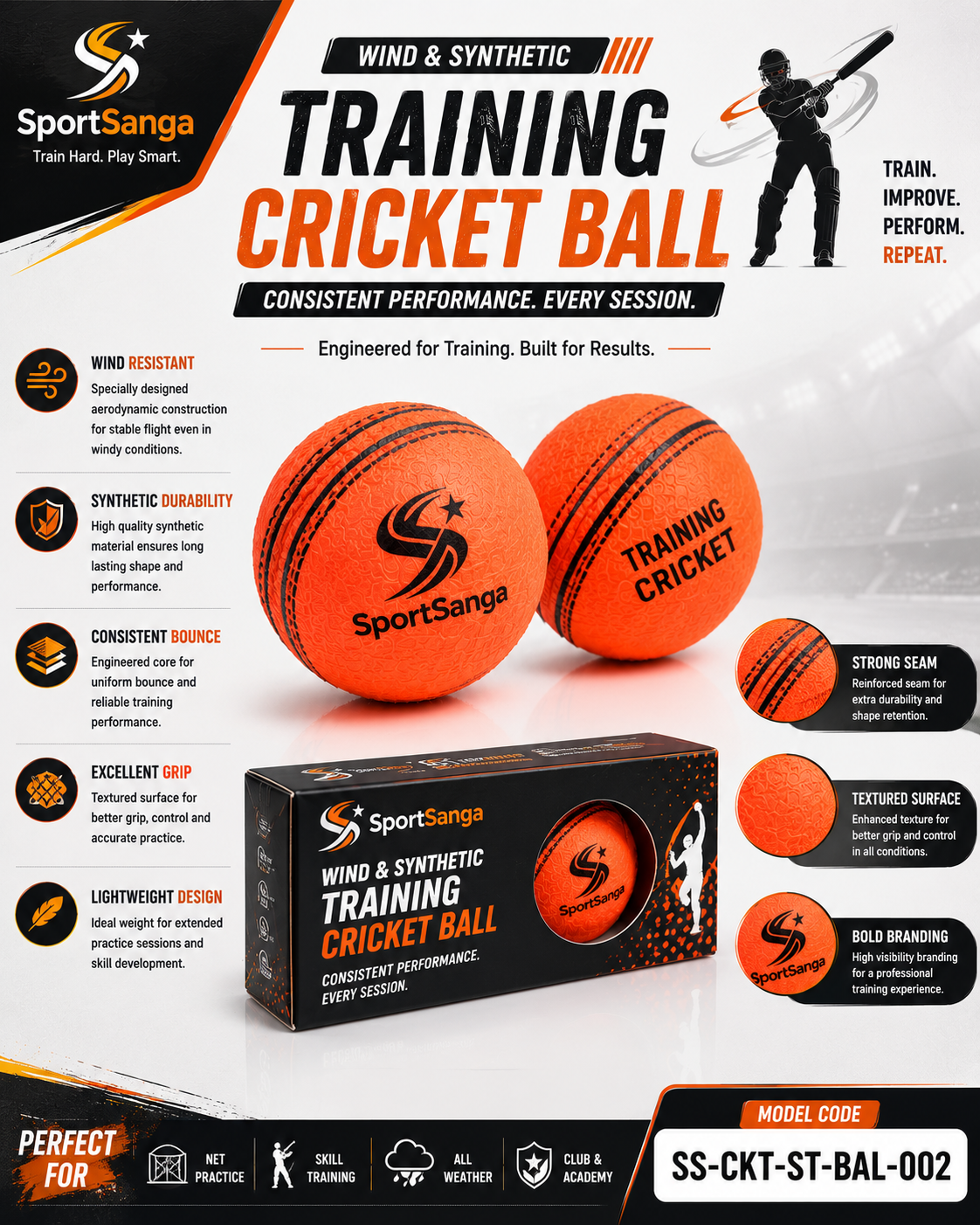 SportSanga synthetic and wind training cricket balls for indoor and all-weather practice.