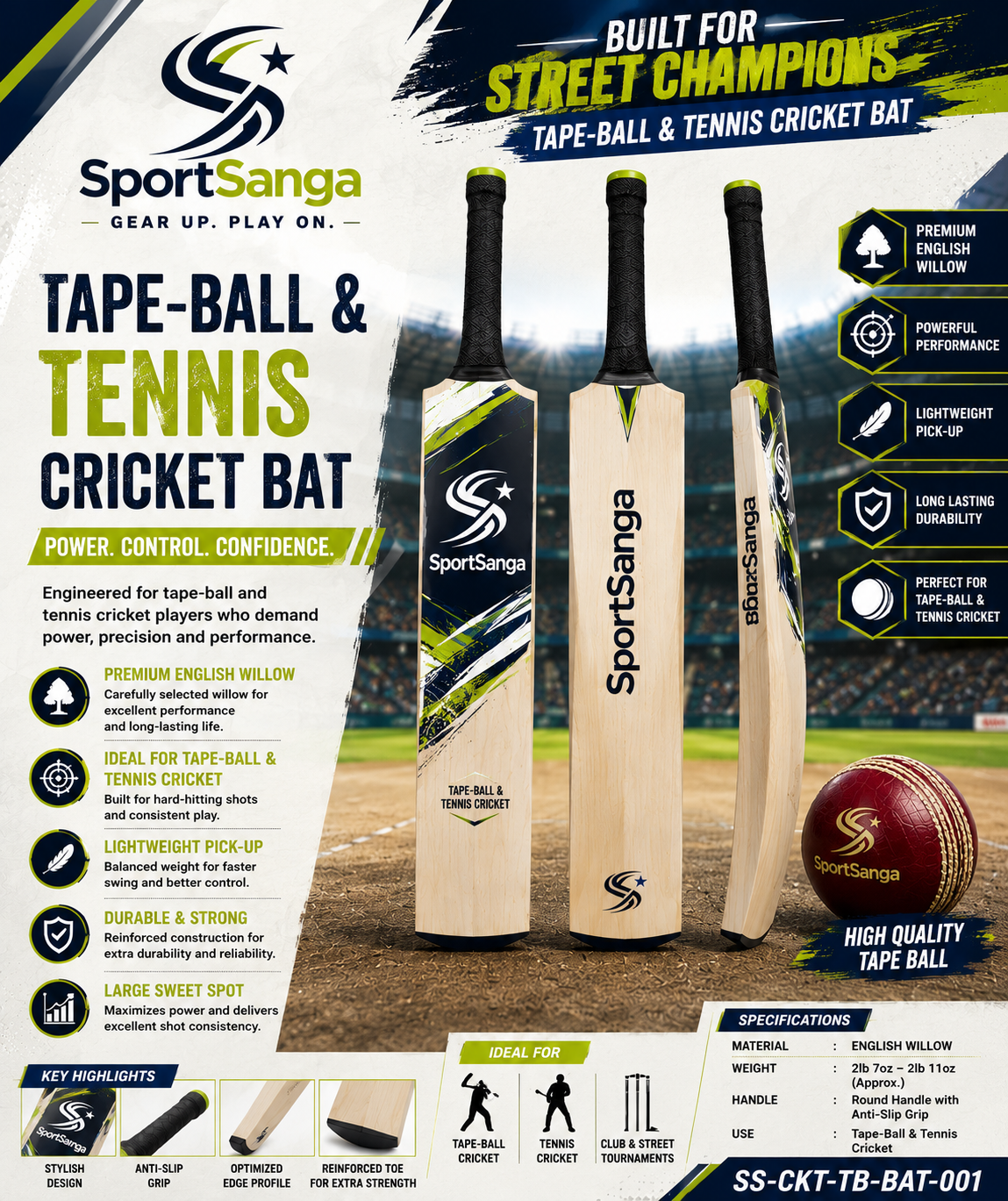SportSanga lightweight tape-ball and tennis cricket bat for soft-ball and street cricket.