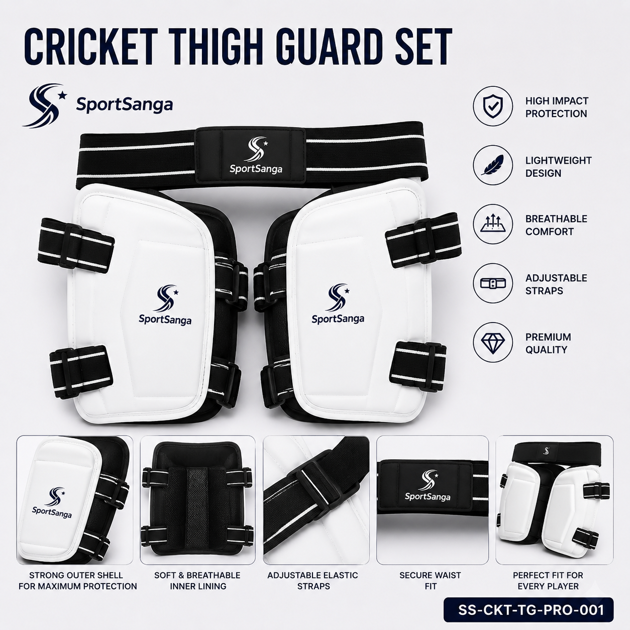 SportSanga cricket thigh guard set with inner and outer pads and moisture-wicking straps.