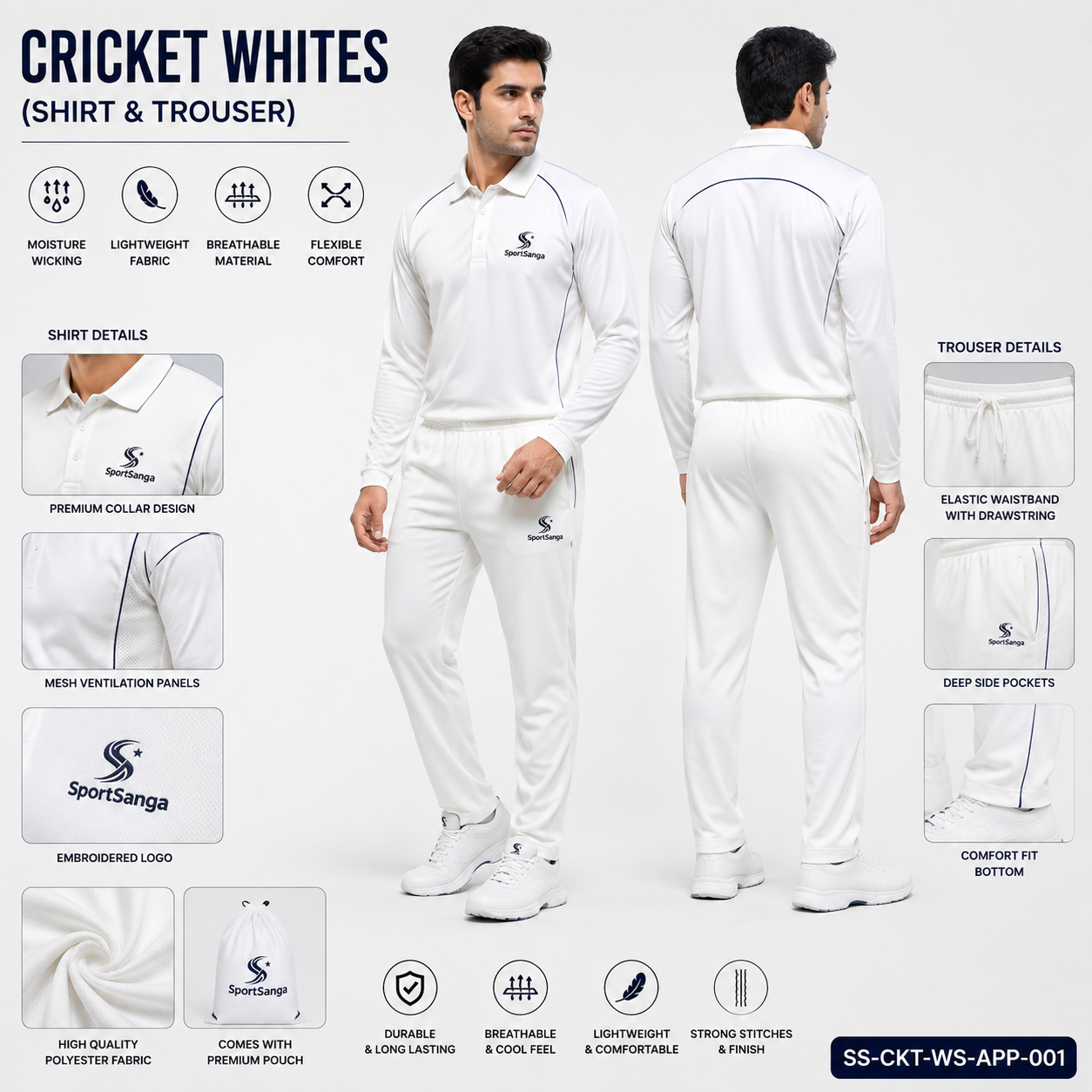 SportSanga cricket whites shirt and trouser set in breathable moisture-wicking fabric.