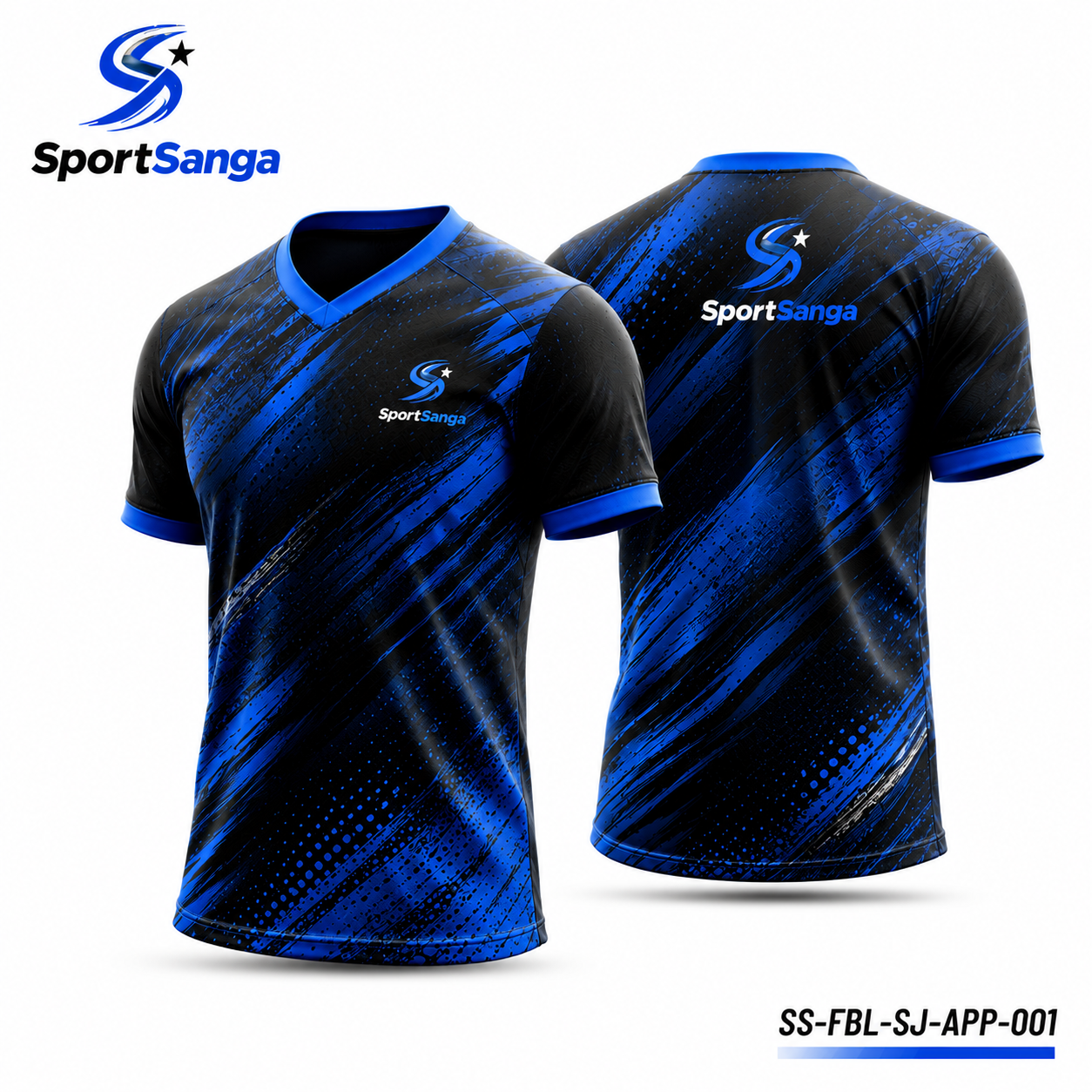 SportSanga sublimated football team jersey with custom design, names and sponsor logos.