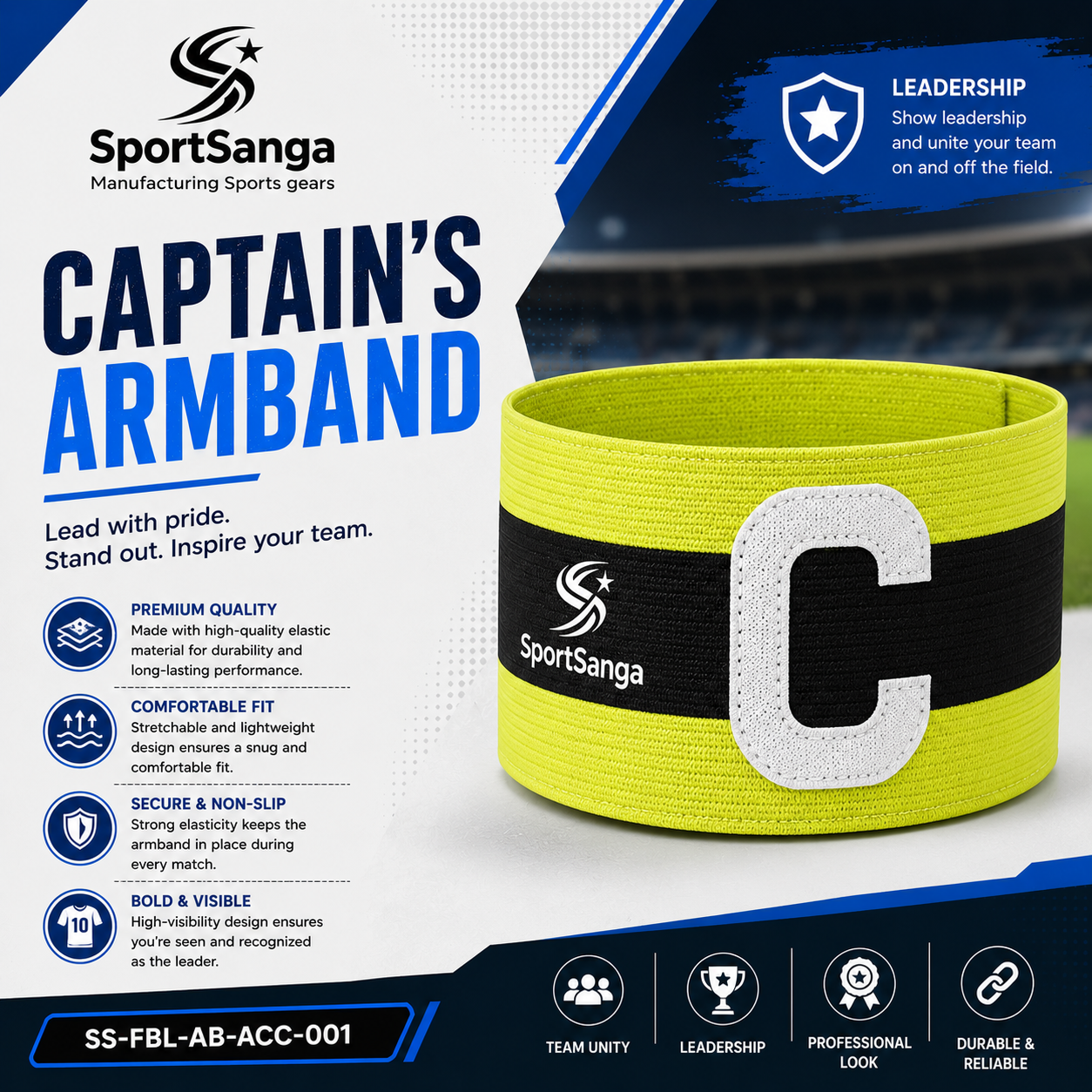 SportSanga football captain's armband with elastic adjustable fit and custom print.