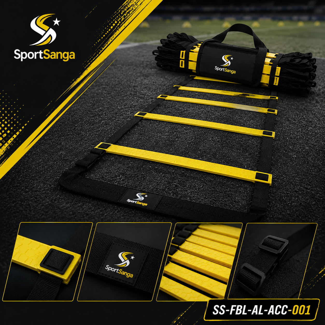 SportSanga speed and agility training ladder with adjustable rungs and carry bag.