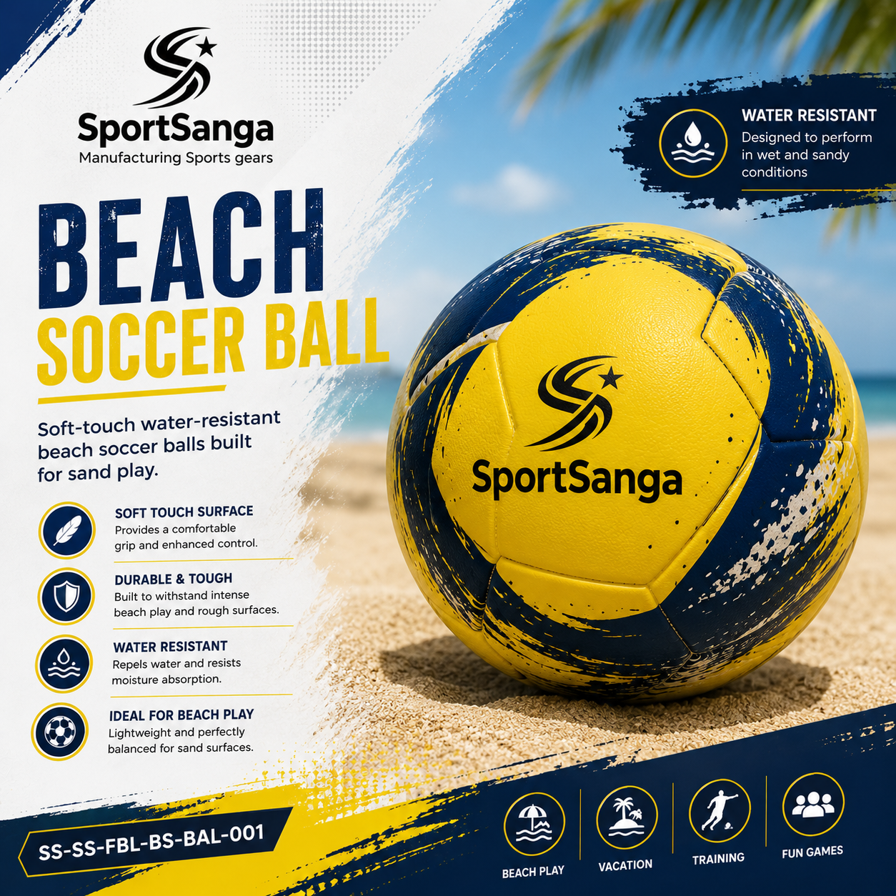 SportSanga beach soccer ball with soft water-resistant cover for sand play.