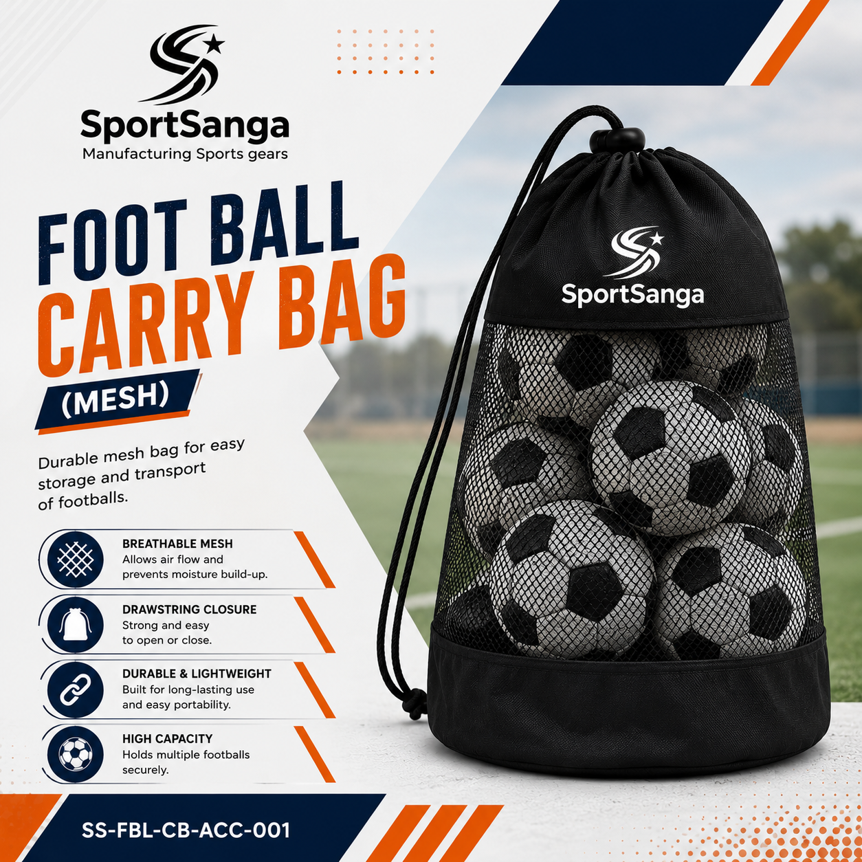 SportSanga mesh ball carry bag holding multiple footballs with shoulder strap.