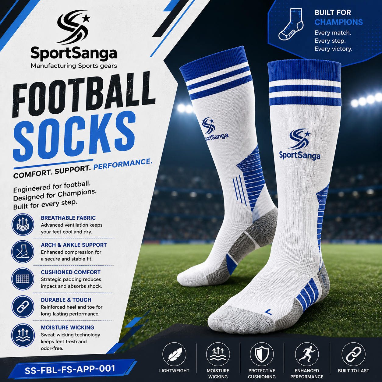 SportSanga knee-high football socks with cushioned sole and ribbed support in team colors.