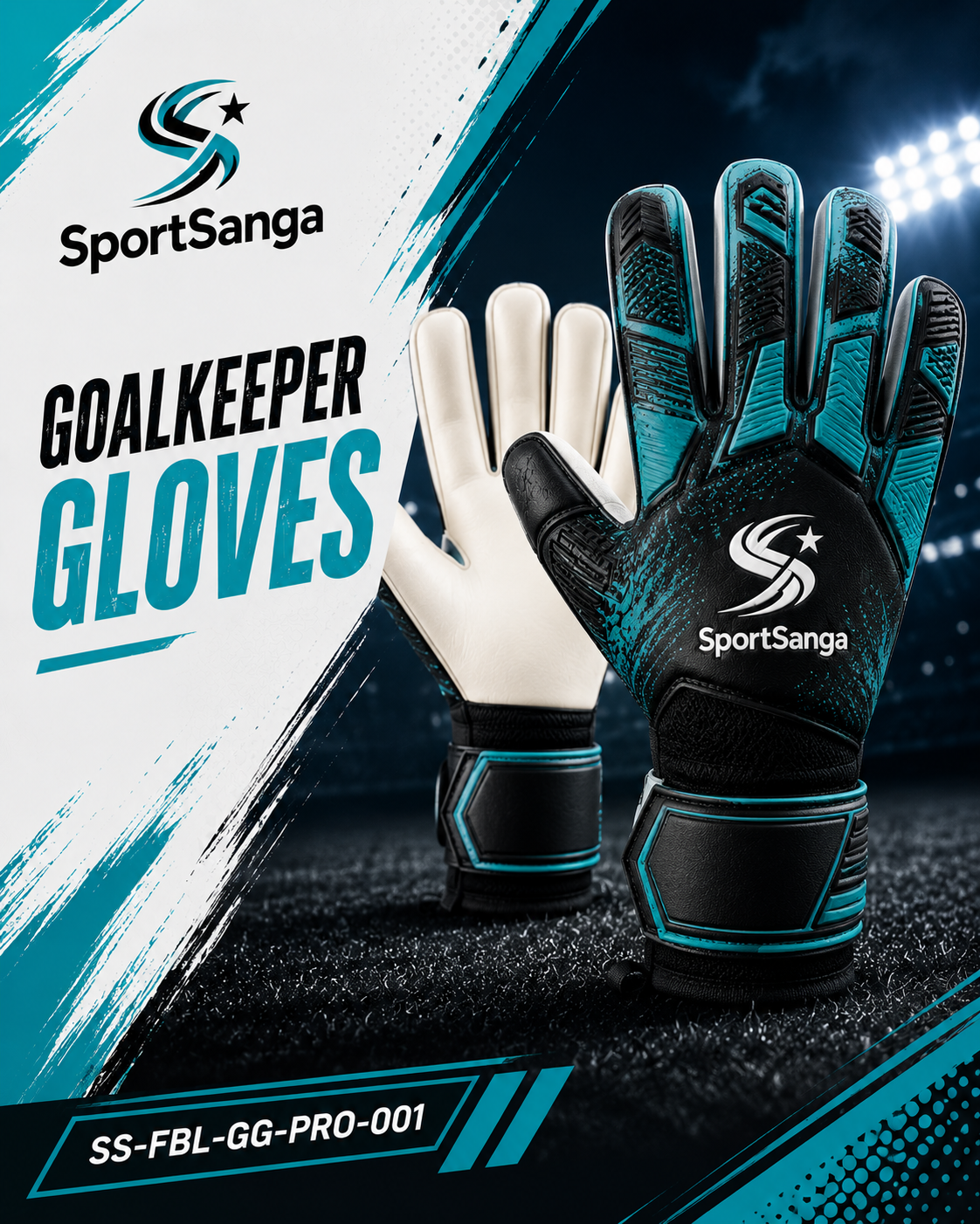 SportSanga goalkeeper gloves with latex palm and finger-save spines in sizes 7 to 11.