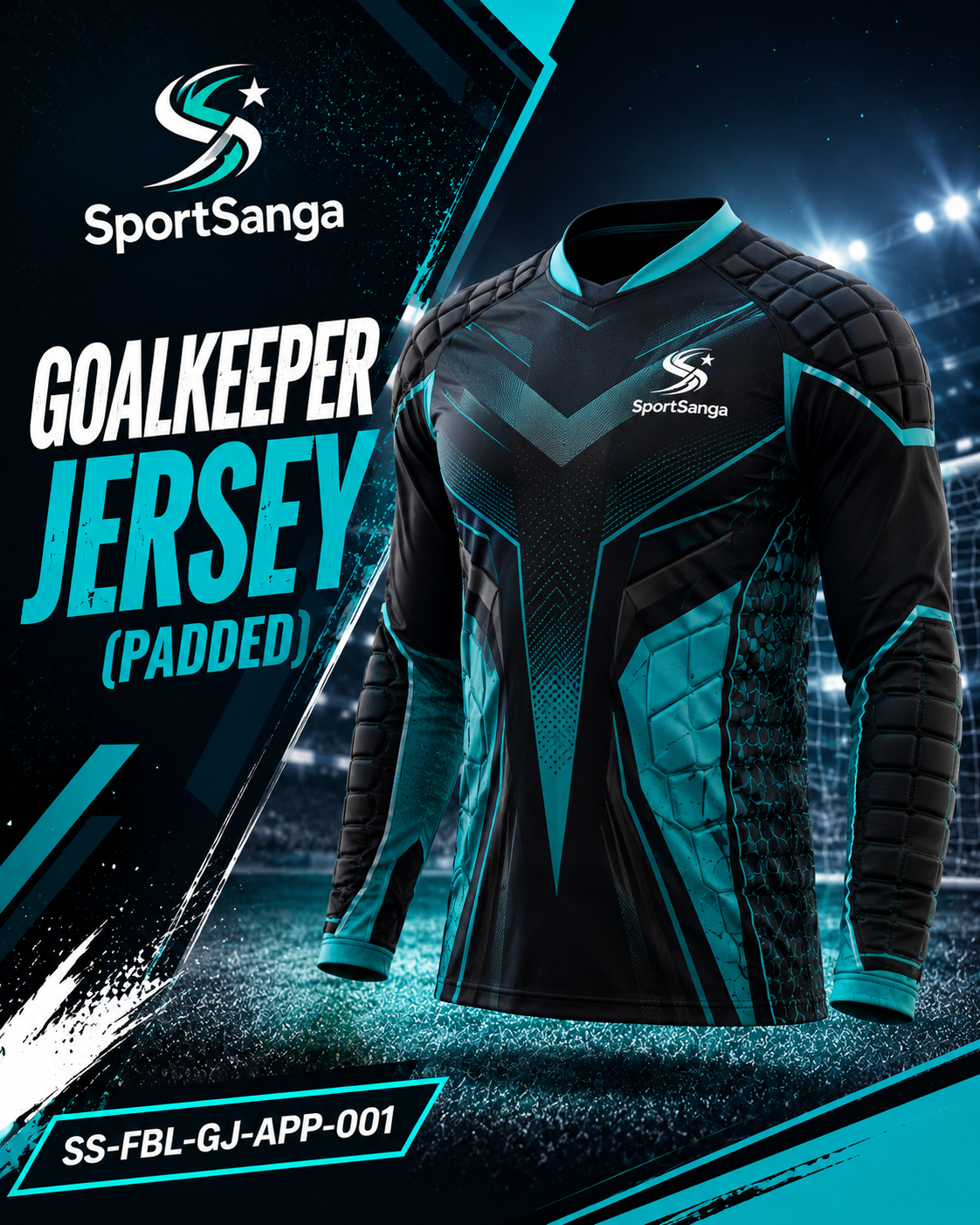 SportSanga padded goalkeeper jersey with elbow protection and breathable sublimated fabric.