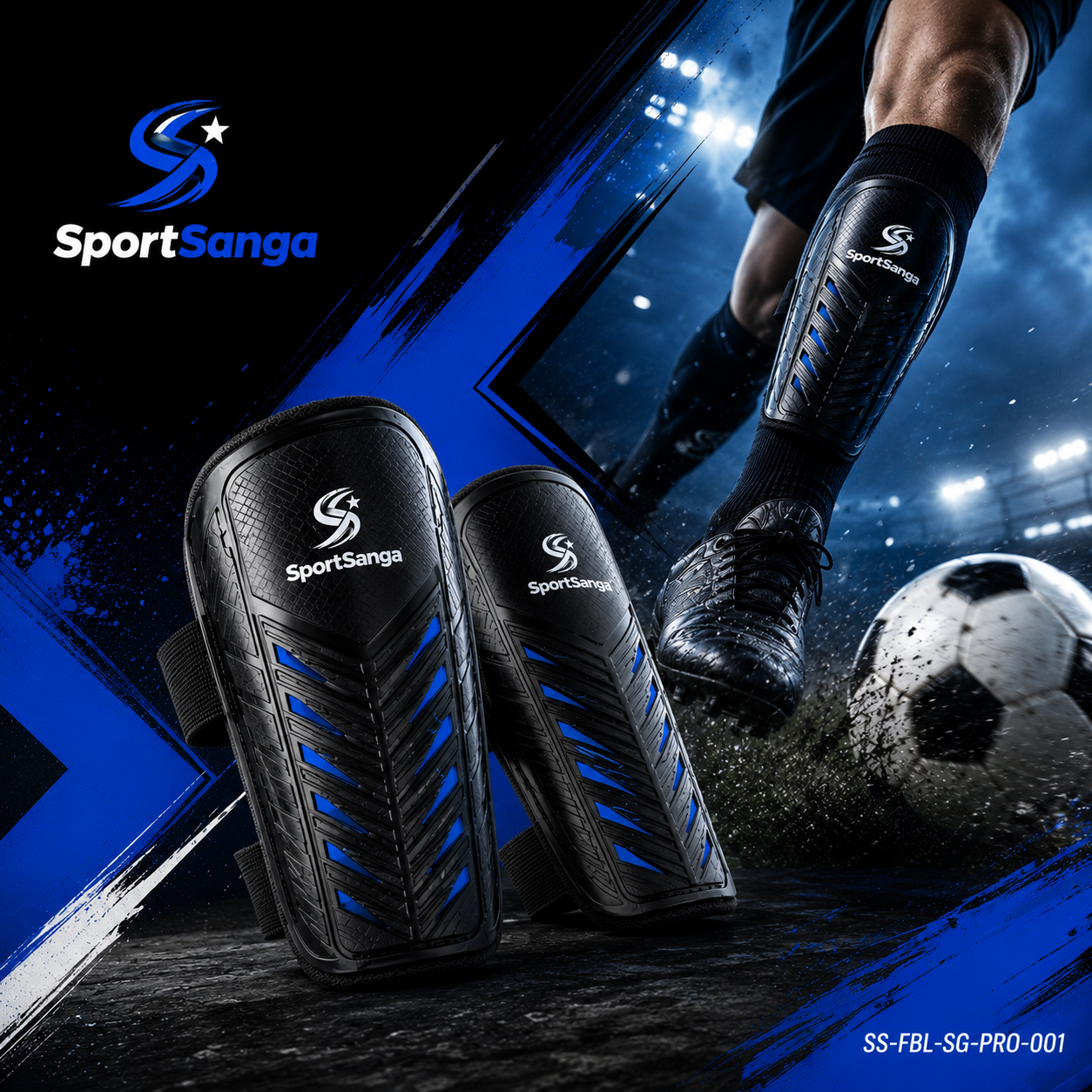 SportSanga football shin guards with hard shell and EVA foam backing in multiple sizes.