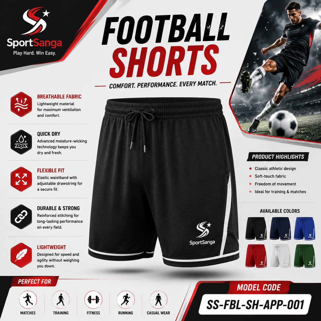 SportSanga sublimated football shorts in lightweight moisture-wicking fabric with custom branding.