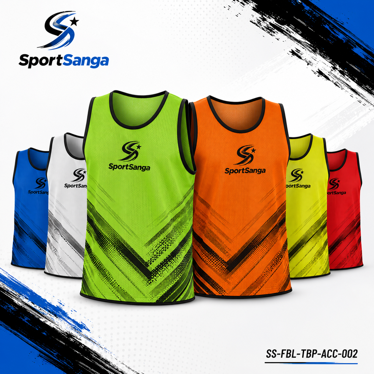 SportSanga football training bibs and pinnies in bright mesh colors for team drills.