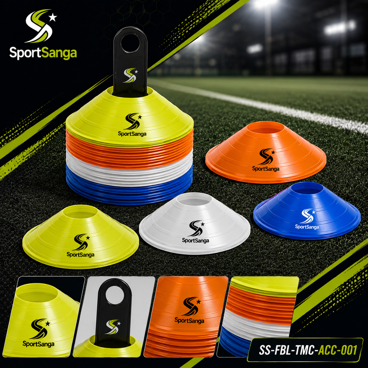 SportSanga football training marker cones and disc cones in bright colors with holder.