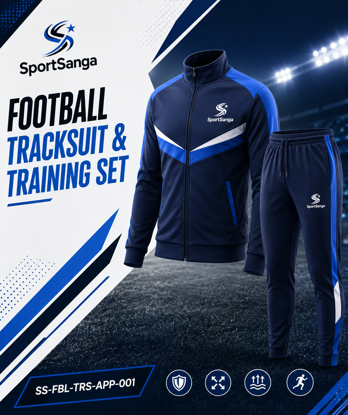 SportSanga football tracksuit and training set with custom sublimation for clubs and academies.