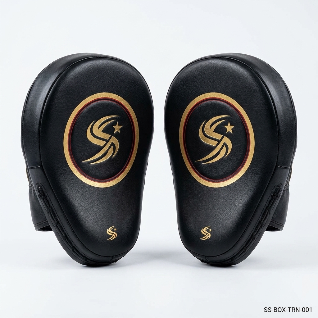 SportSanga curved focus mitts and punch pads with reinforced stitching and layered foam for coaches.