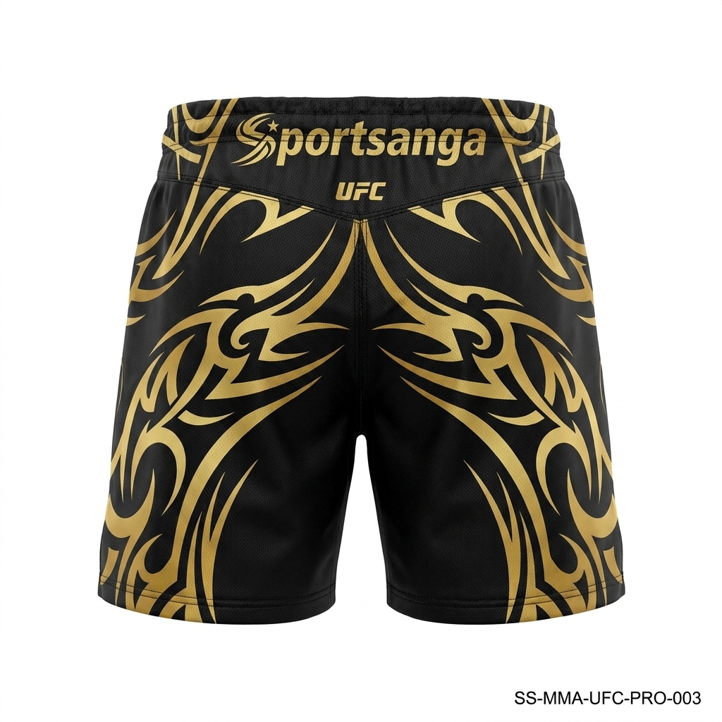 SportSanga premium black and gold professional MMA fight shorts.