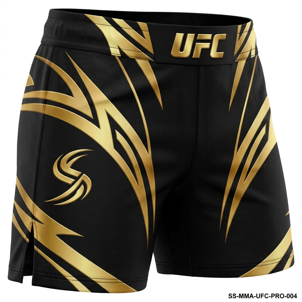 SportSanga premium black and gold professional MMA fight shorts.