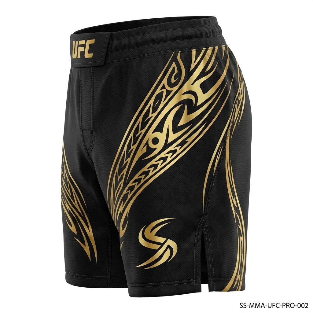 SportSanga premium black and gold professional MMA fight shorts.