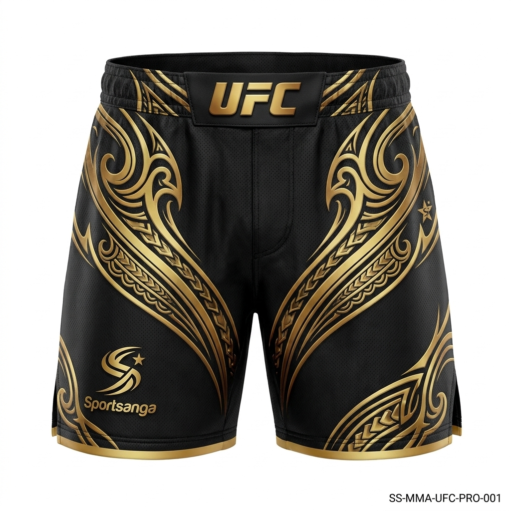 SportSanga premium black and gold professional MMA fight shorts with split-leg construction.