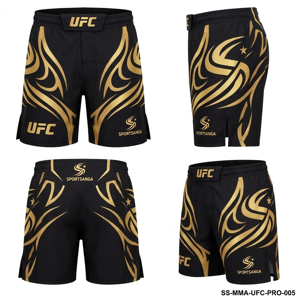 SportSanga premium black and gold professional MMA fight shorts.