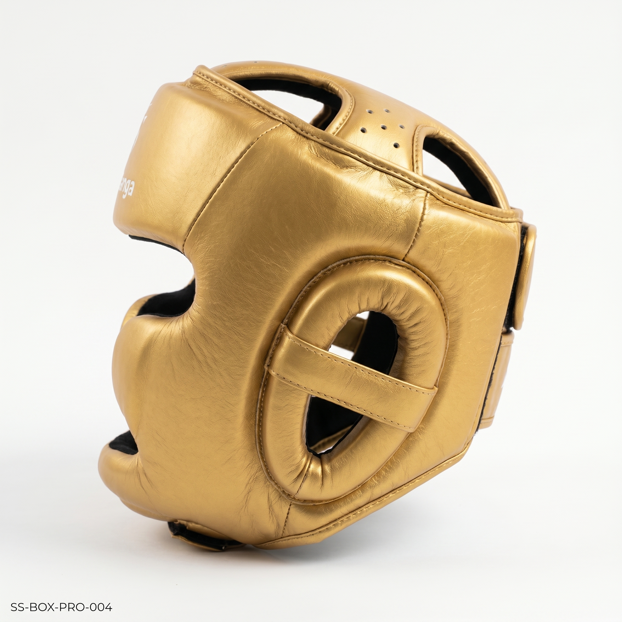 SportSanga professional gold leather boxing headgear for high-impact sparring, training, and competition