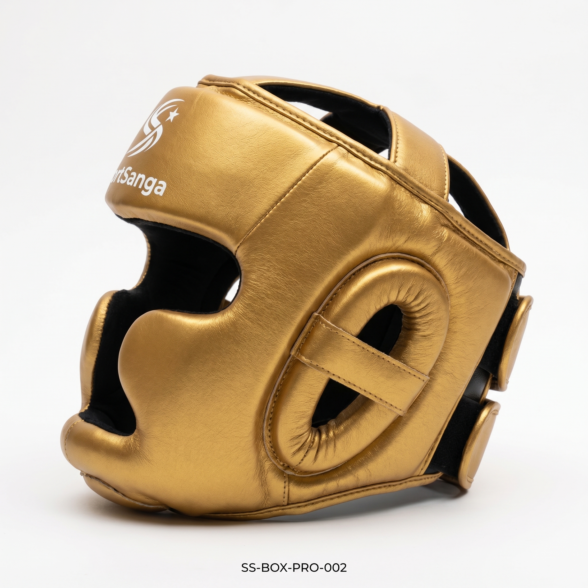 SportSanga professional gold leather boxing headgear for high-impact sparring, training, and competition