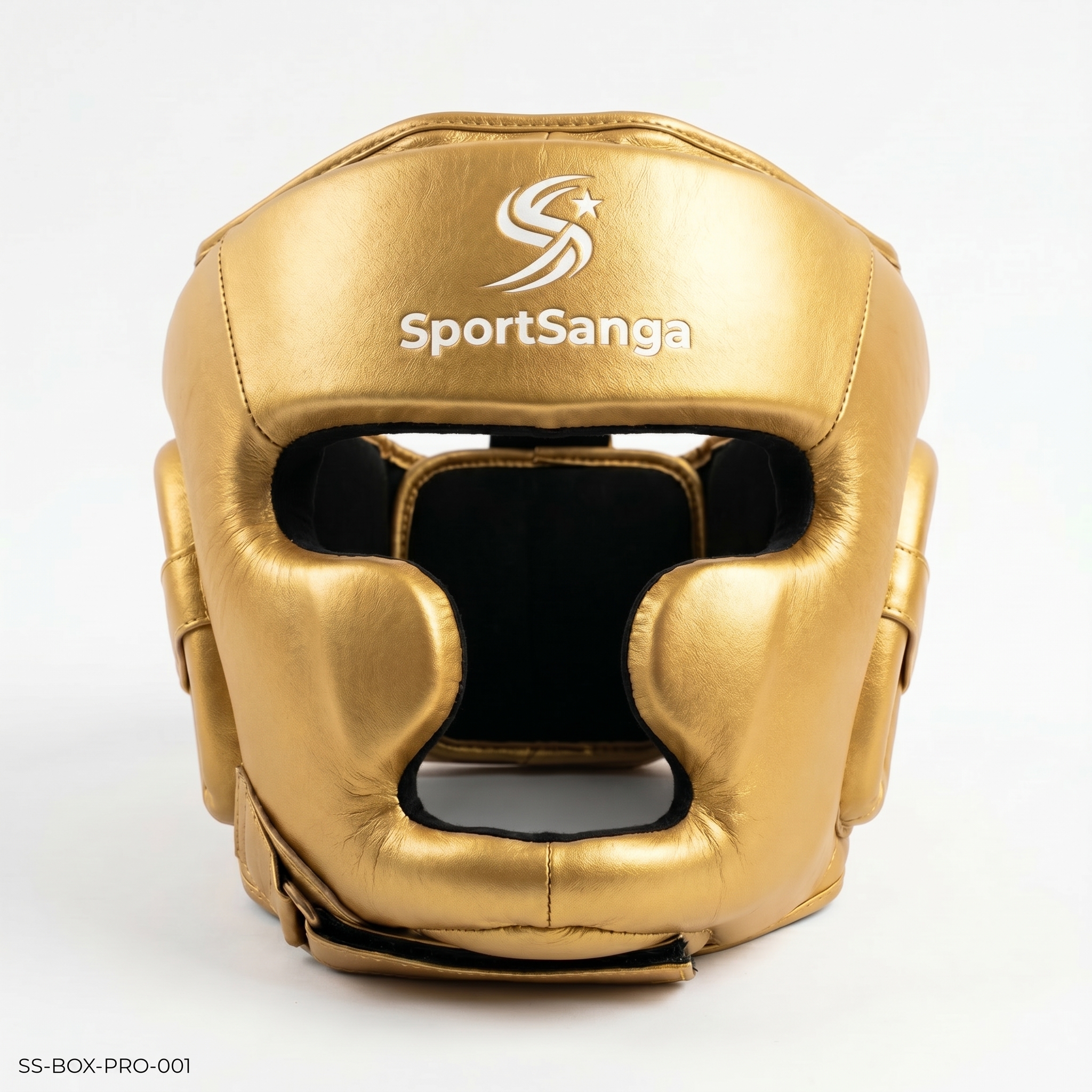 SportSanga professional gold leather boxing headgear for high-impact sparring, training, and competition
