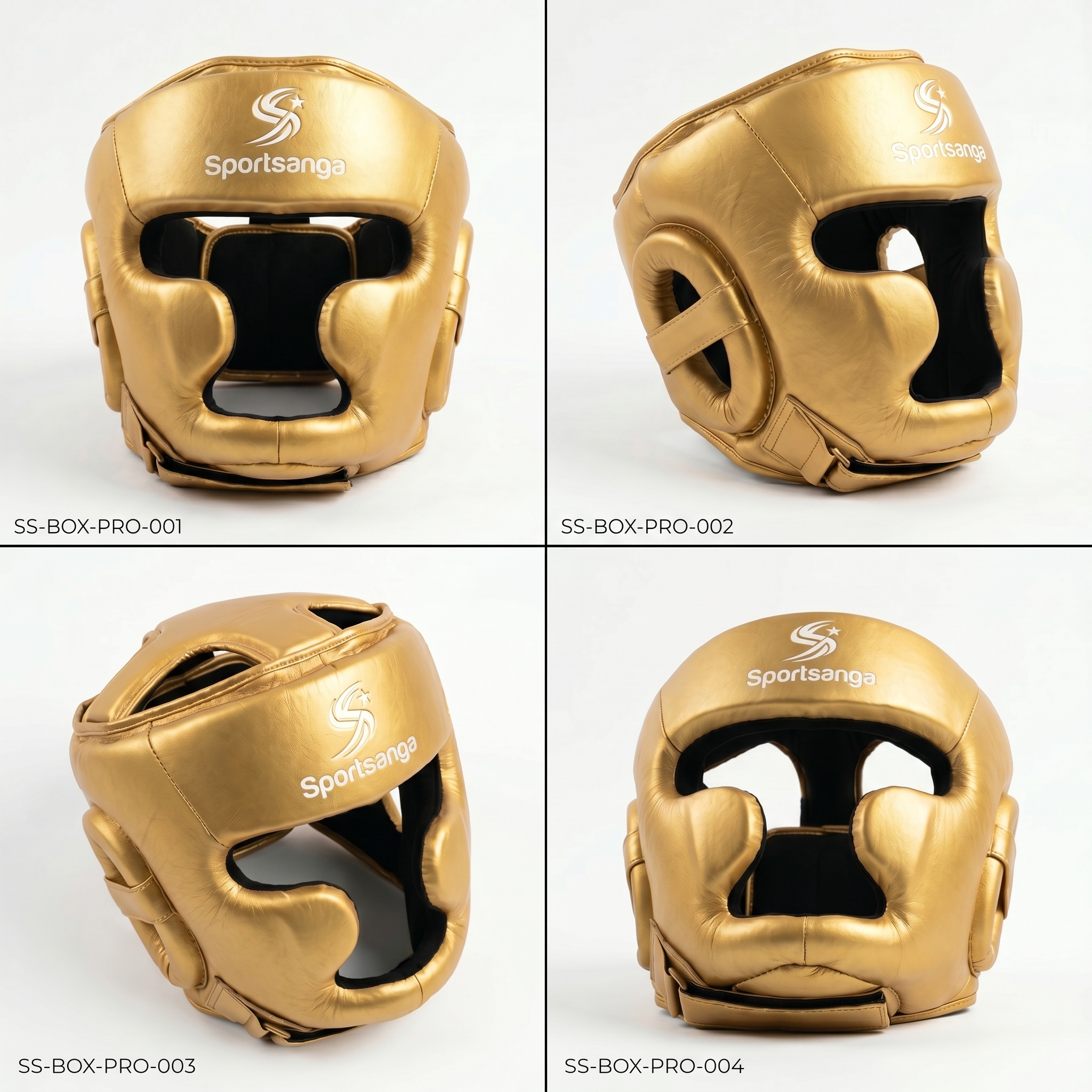 SportSanga professional gold leather boxing headgear for high-impact sparring, training, and competition