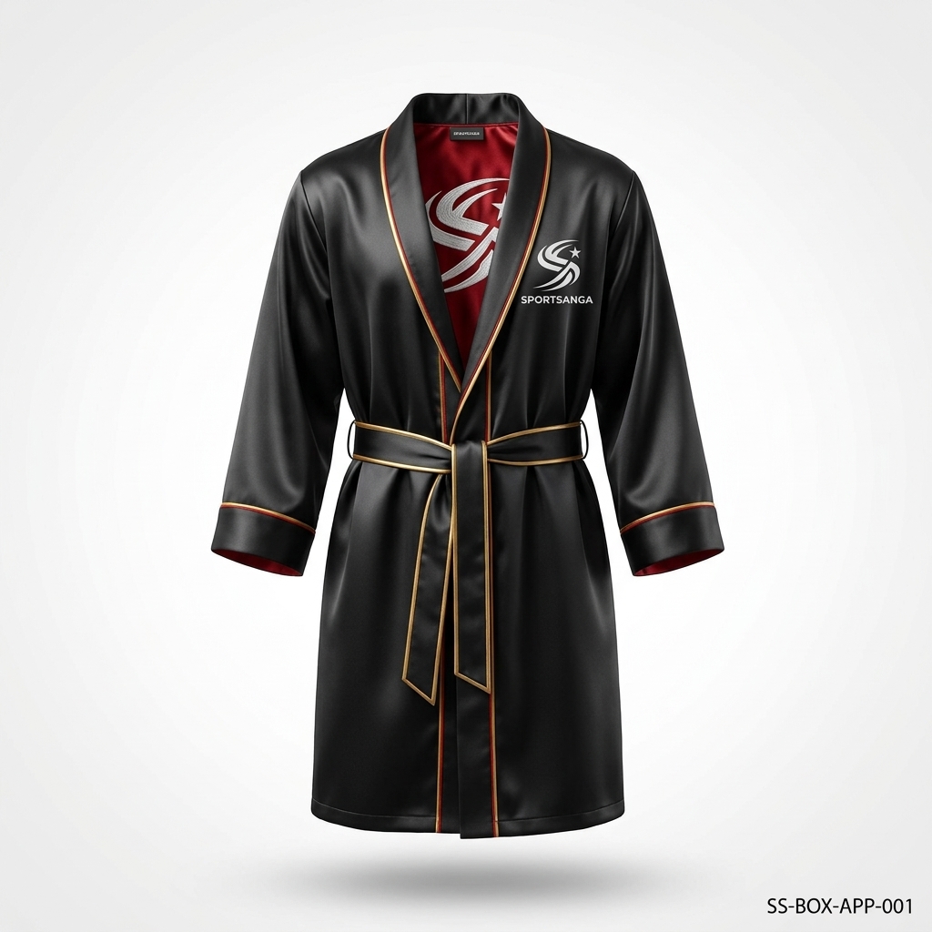 SportSanga custom ring walk boxing robes and jackets in satin with embroidery and sublimation.