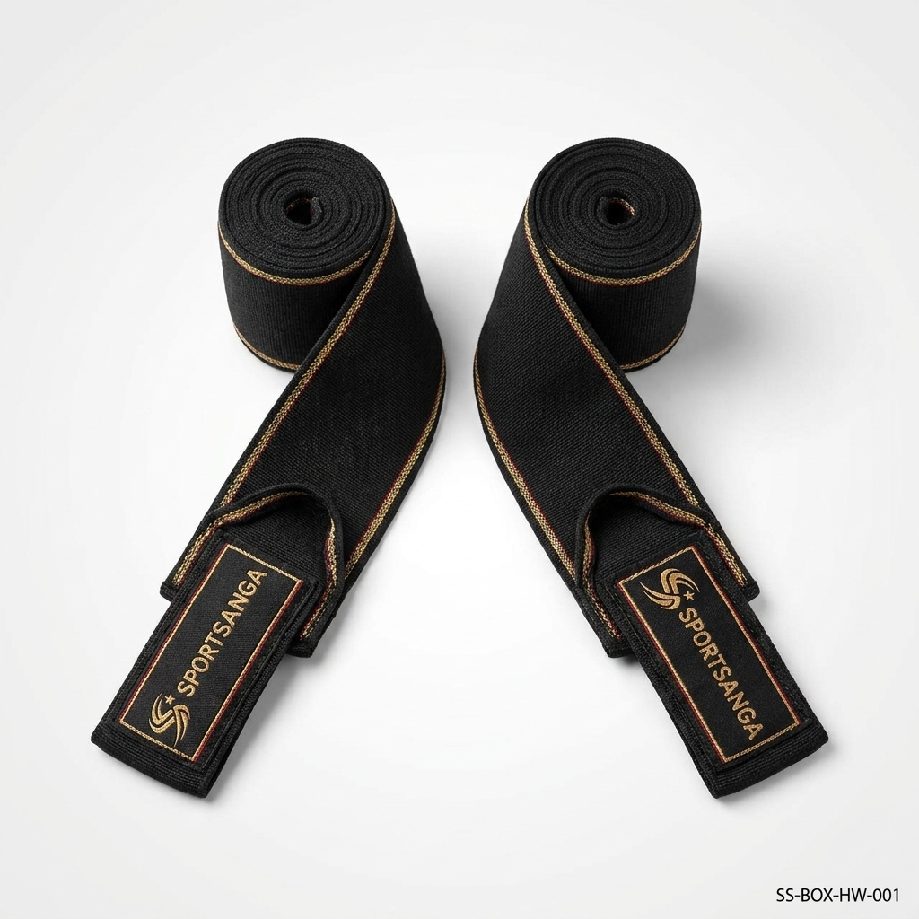 SportSanga cotton-elastic boxing hand wraps with thumb loop and Velcro closure in multiple lengths.