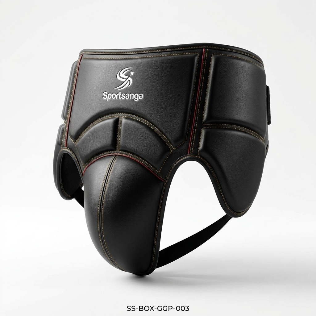 SportSanga boxing groin guard and abdominal protector with dense EVA gel padding and elastic straps.