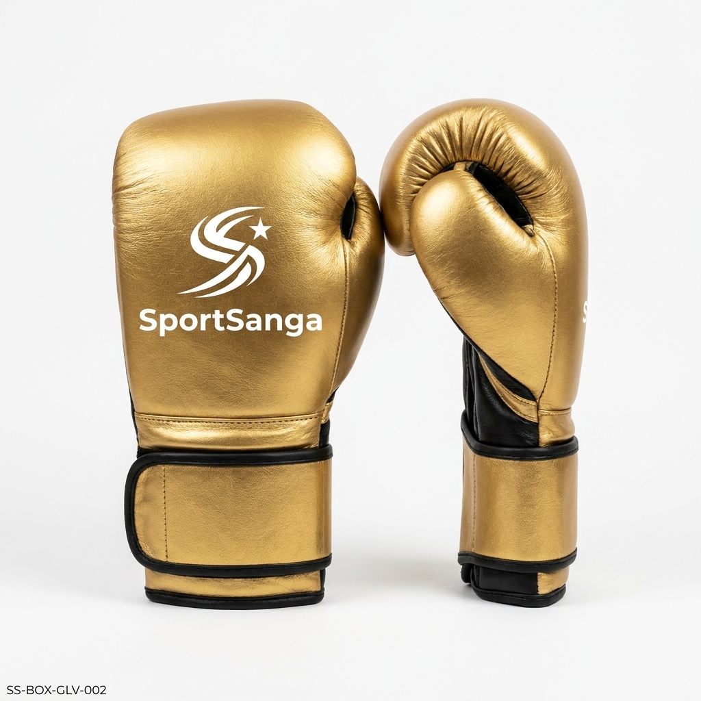 SportSanga premium gold leather boxing gloves for professional training, sparring, and heavy bag work