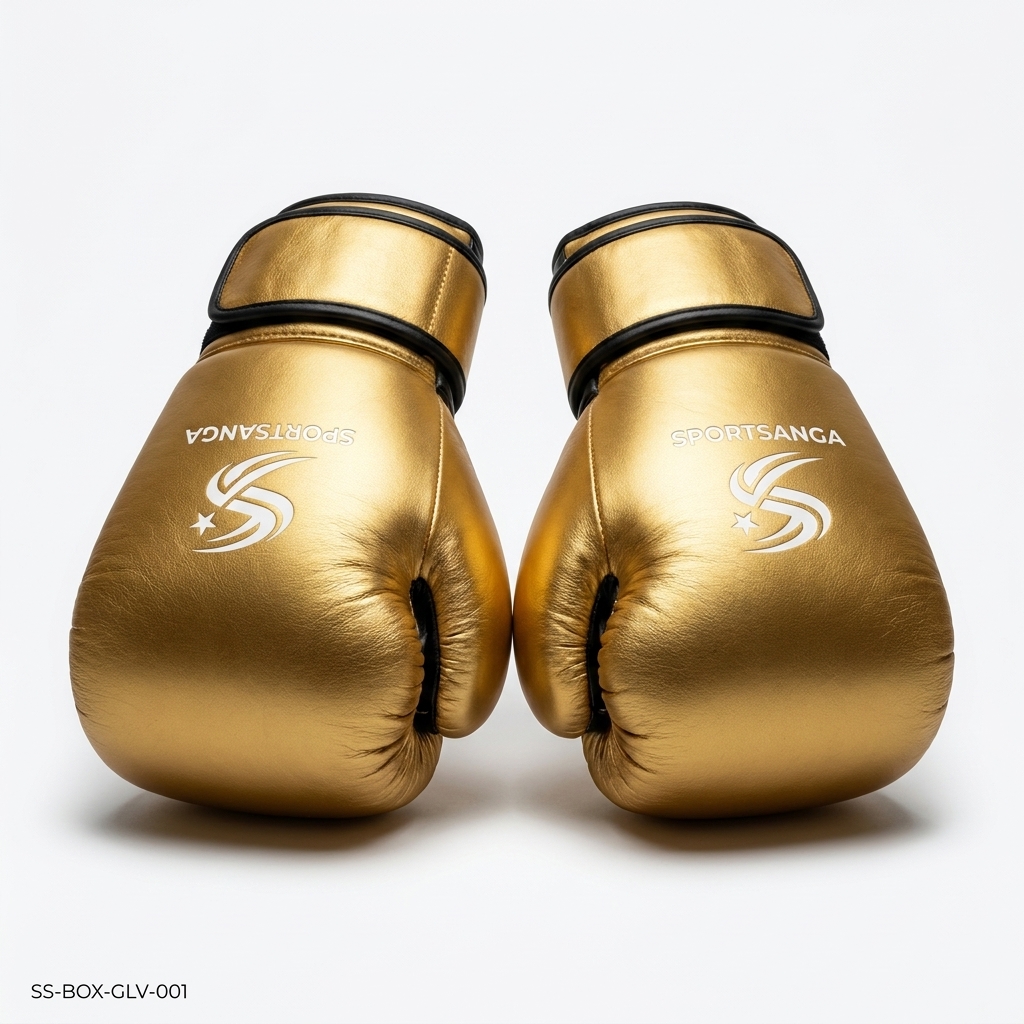 SportSanga premium gold leather boxing gloves for professional training, sparring, and heavy bag work
