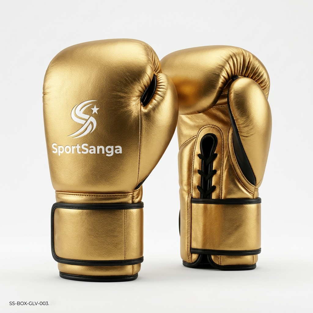 SportSanga premium gold leather boxing gloves for professional training, sparring, and heavy bag work