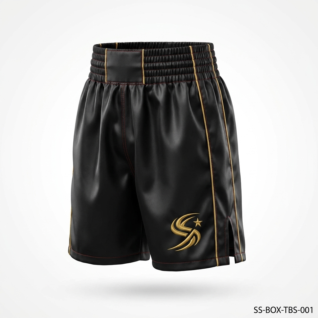 SportSanga traditional boxing trunks and shorts in satin with full custom sublimation and embroidery.