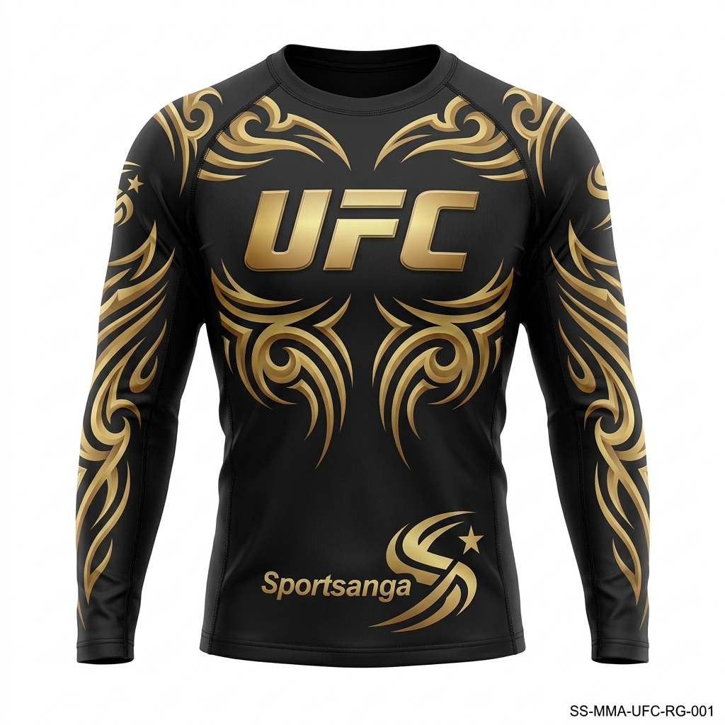 SportSanga professional black and gold long-sleeve MMA compression rashguard.