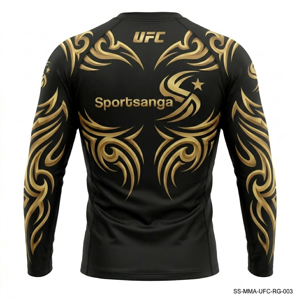 SportSanga black long-sleeve MMA rashguard with gold tribal pattern.