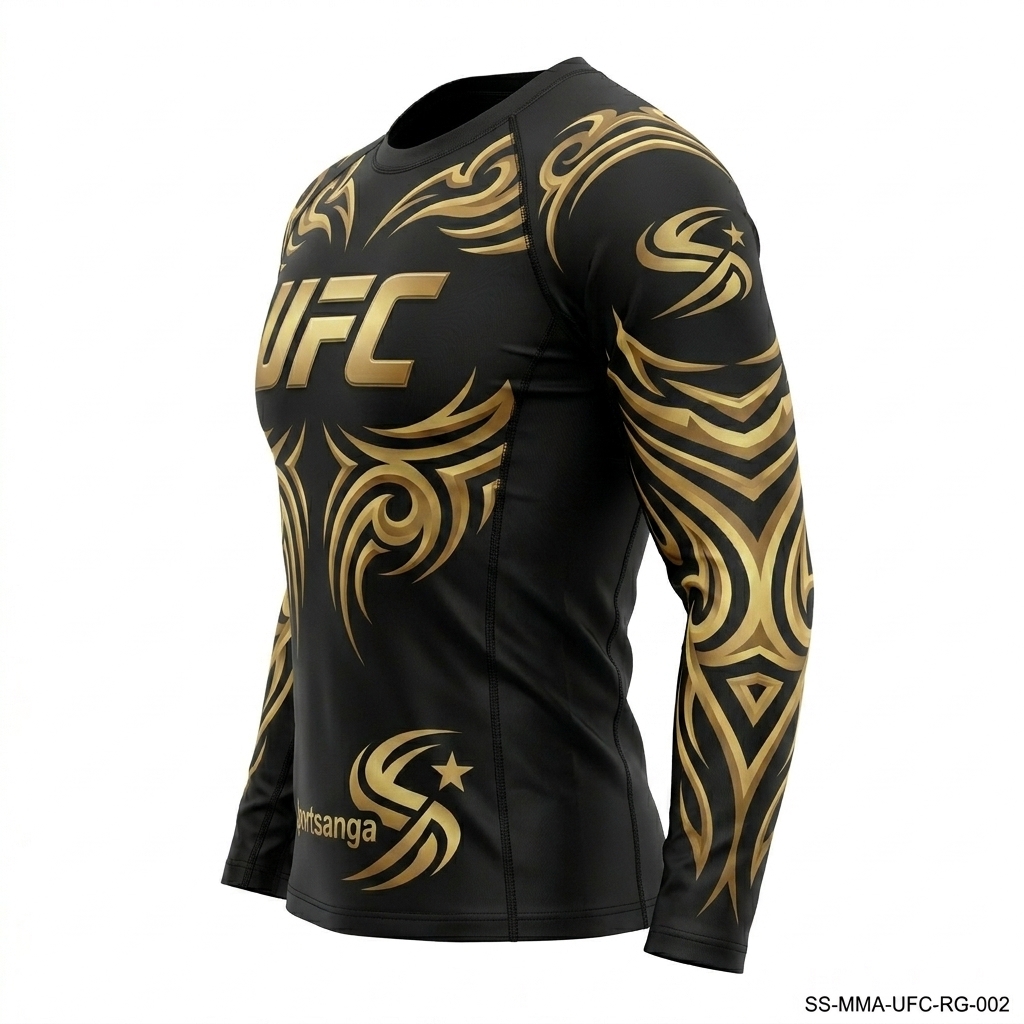 SportSanga black long-sleeve MMA rashguard with gold tribal pattern.