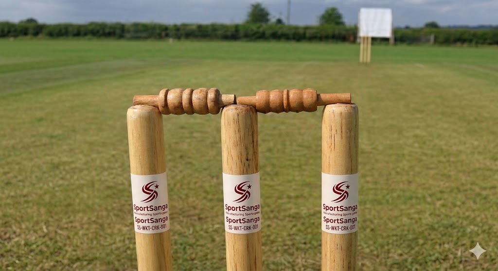 SportSanga wooden cricket wicket set with three stumps and two bails in senior and junior sizes.